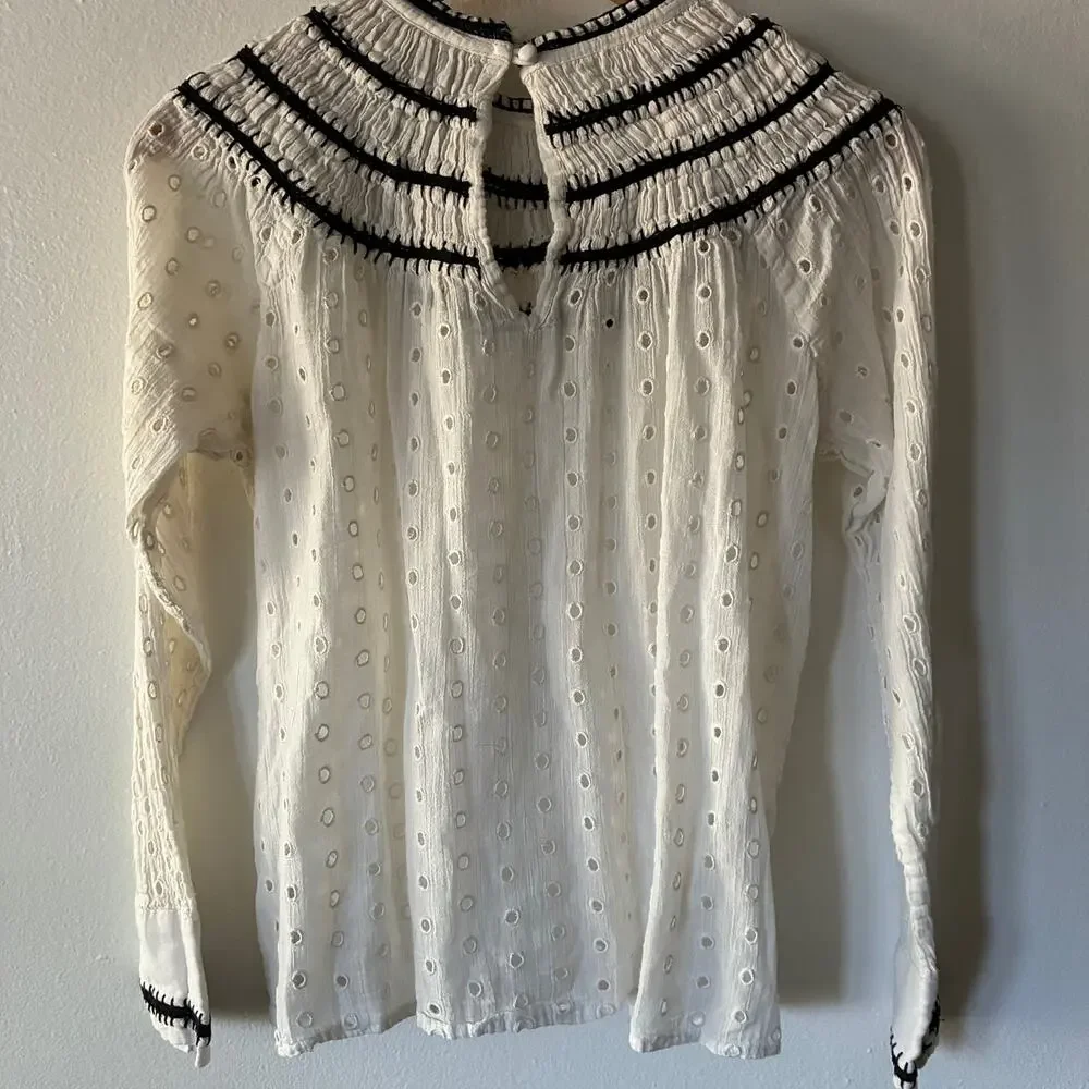 Lulus White Eyelet Cotton Blouse Black Trim Mock Neck Long Sleeve XS - Picture 5 of 12